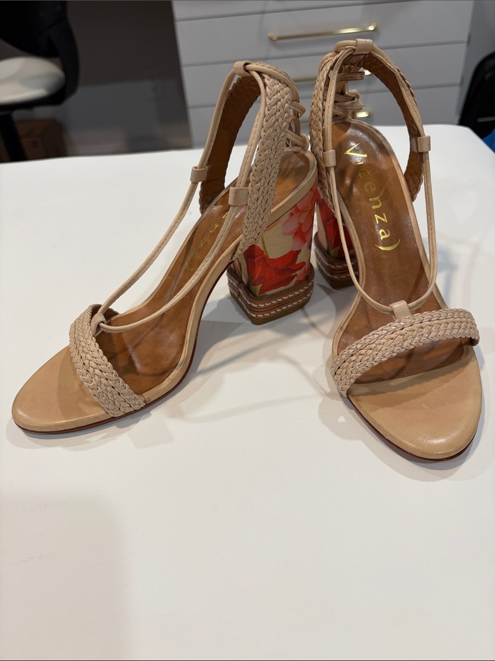 Vicenza Nude Braided Lace-Up Floral Block Heel Sandals Size 36 Made in Brazil